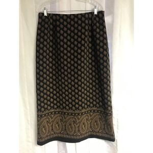 JM Collection Black Gold Paisley Geometric Print Midi Pencil Skirt Size 14